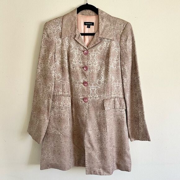 Bebe Brocade Blazer Jacket Coat Satin Beige Pink Medallion Paisley L - Picture 1 of 6